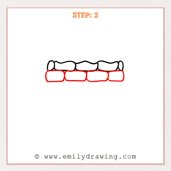 how to draw a brick wall - Step 2 of how to draw a brick wall: a second row of rounded bricks is added beneath the top row, building the wall downward.